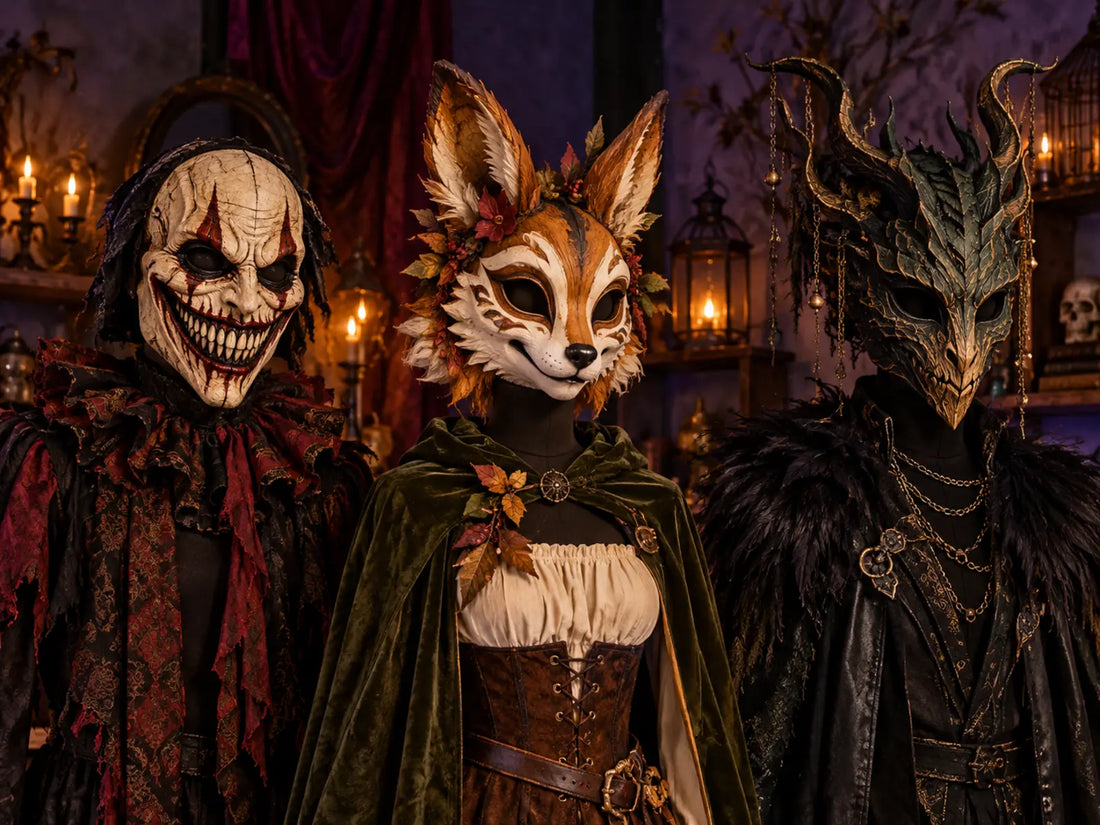 Three adult Halloween mask directions showing horror, funny animal, and fantasy creature looks