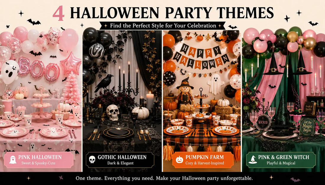 Four Halloween party themes featuring pink Halloween, gothic Halloween, pumpkin farm and pink green witch decorations
