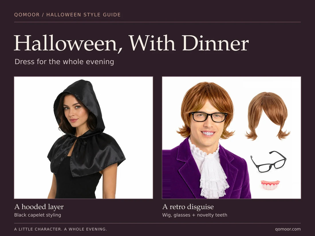 Halloween, With Dinner style guide cover showing a black hooded capelet and a retro spy wig, glasses and novelty teeth set.