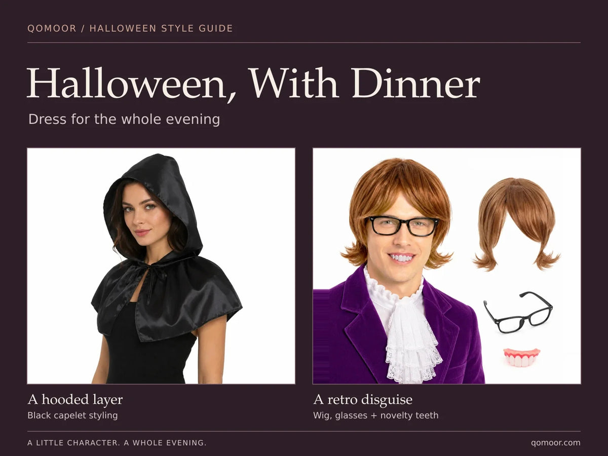 Halloween, With Dinner style guide cover showing a black hooded capelet and a retro spy wig, glasses and novelty teeth set.