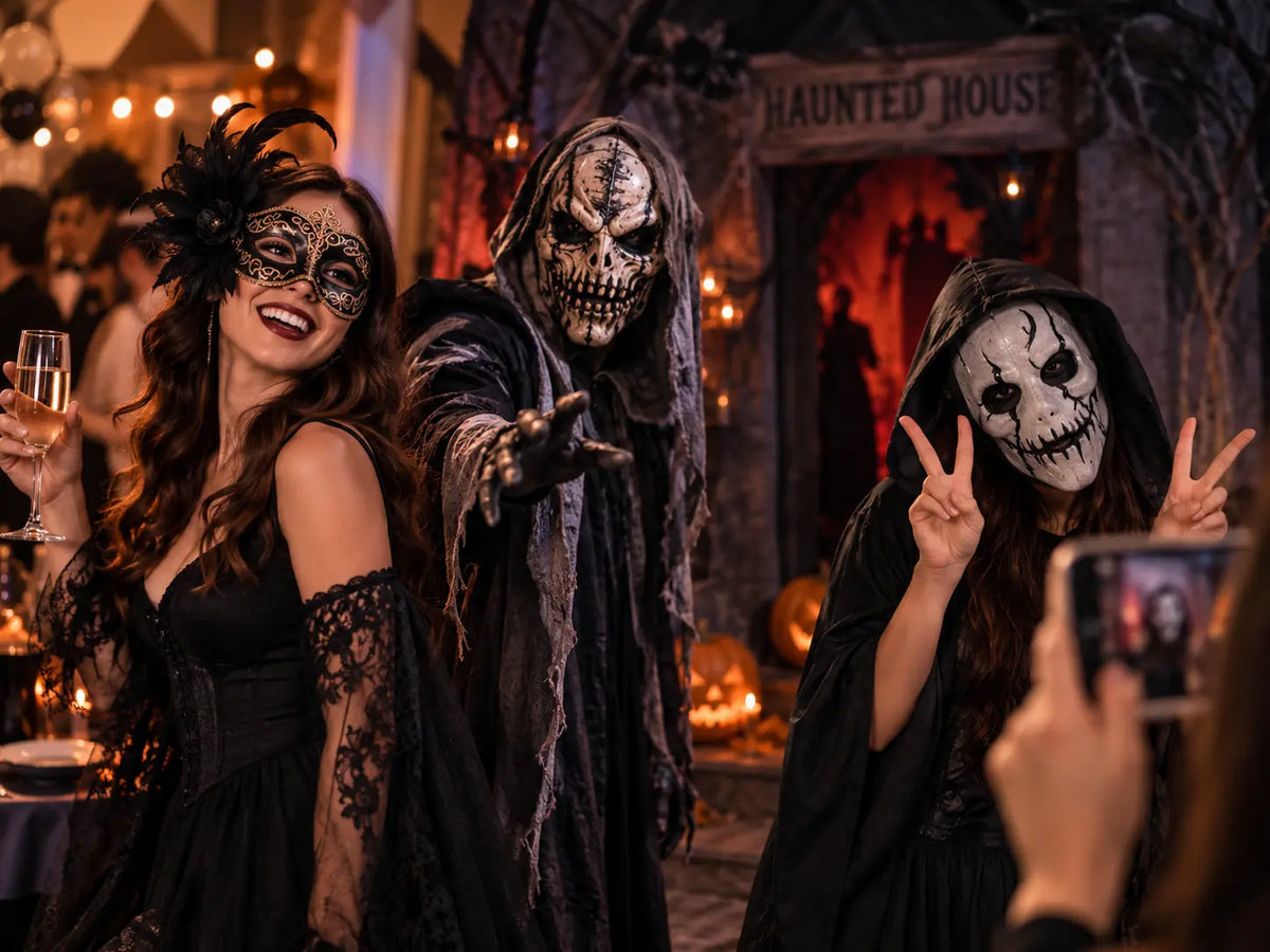 Three Halloween party guests wearing masquerade and horror masks at a haunted house event