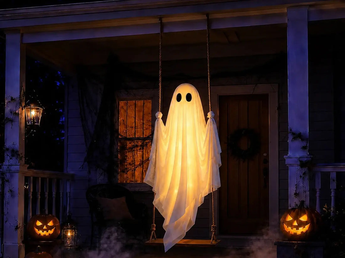 Illuminated ghost swing hanging from a front porch beam for an outdoor Halloween display