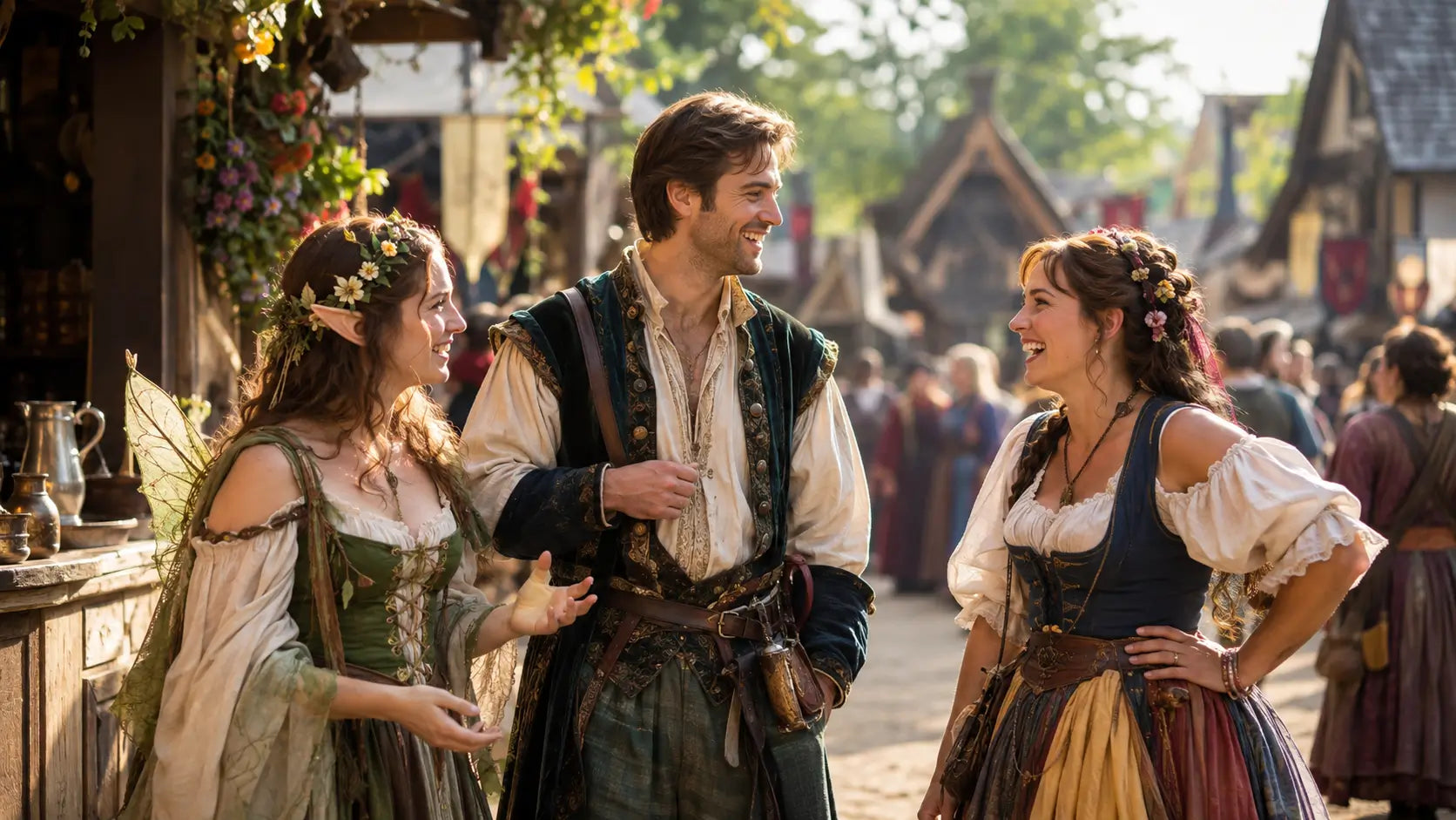 Three costumed visitors chatting and laughing at a lively Renaissance fair marketplace