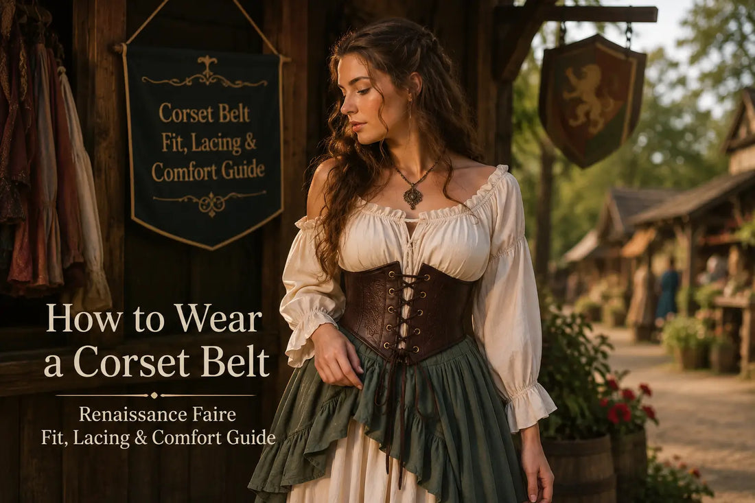 Woman wearing a lace-up corset belt over a Renaissance faire outfit