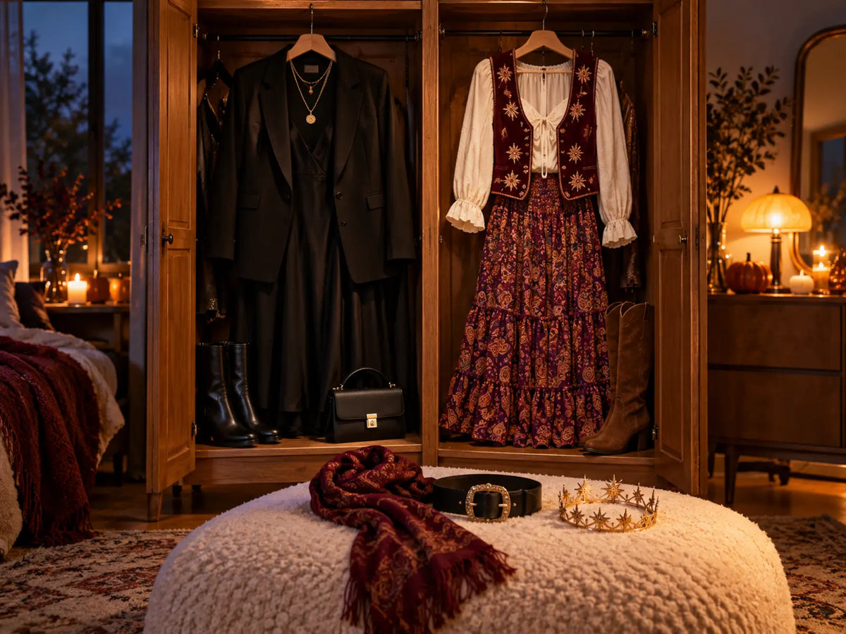 Open wardrobe with two coordinated last-minute Halloween outfit directions and optional accessories