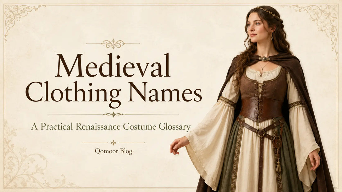 Medieval clothing names glossary featuring a woman in a Renaissance-inspired dress, bodice, cloak, and waist belt