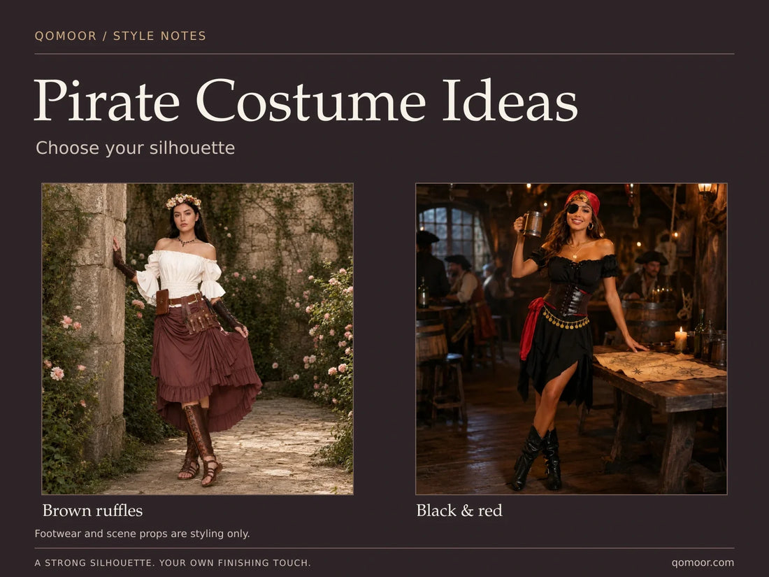 Pirate Costume Ideas cover showing a brown ruffle-skirt outfit and a black-and-red pirate dress; footwear and scene props are styling only.