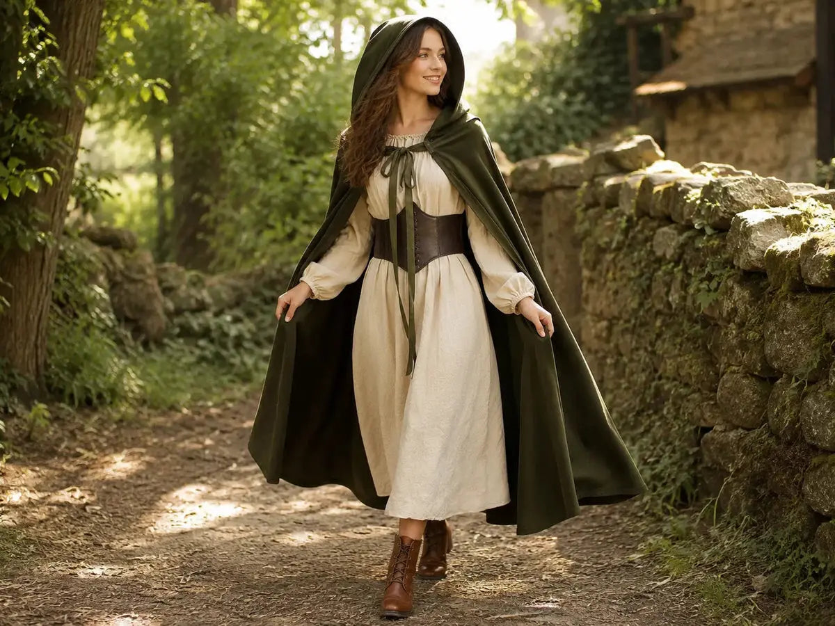 Woman wearing a green hooded cloak over a cream medieval dress with a brown corset belt