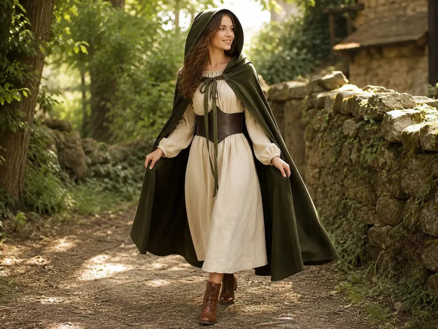Woman wearing a green hooded cloak over a cream medieval dress with a brown corset belt