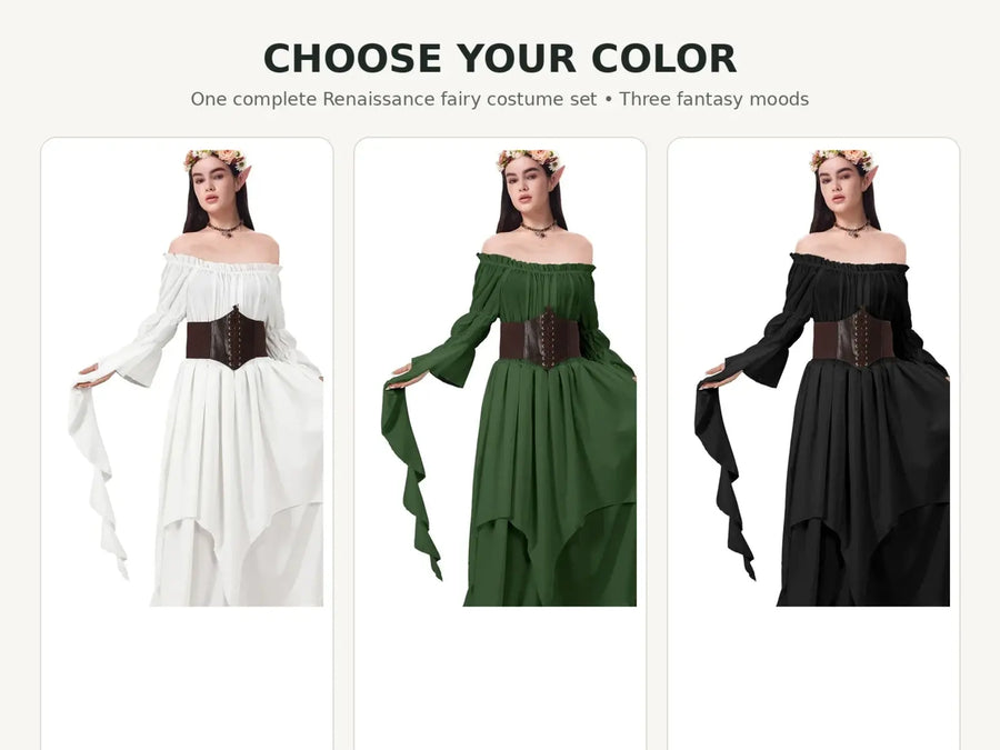 Ivory white, forest green and midnight black Renaissance fairy costume color comparison