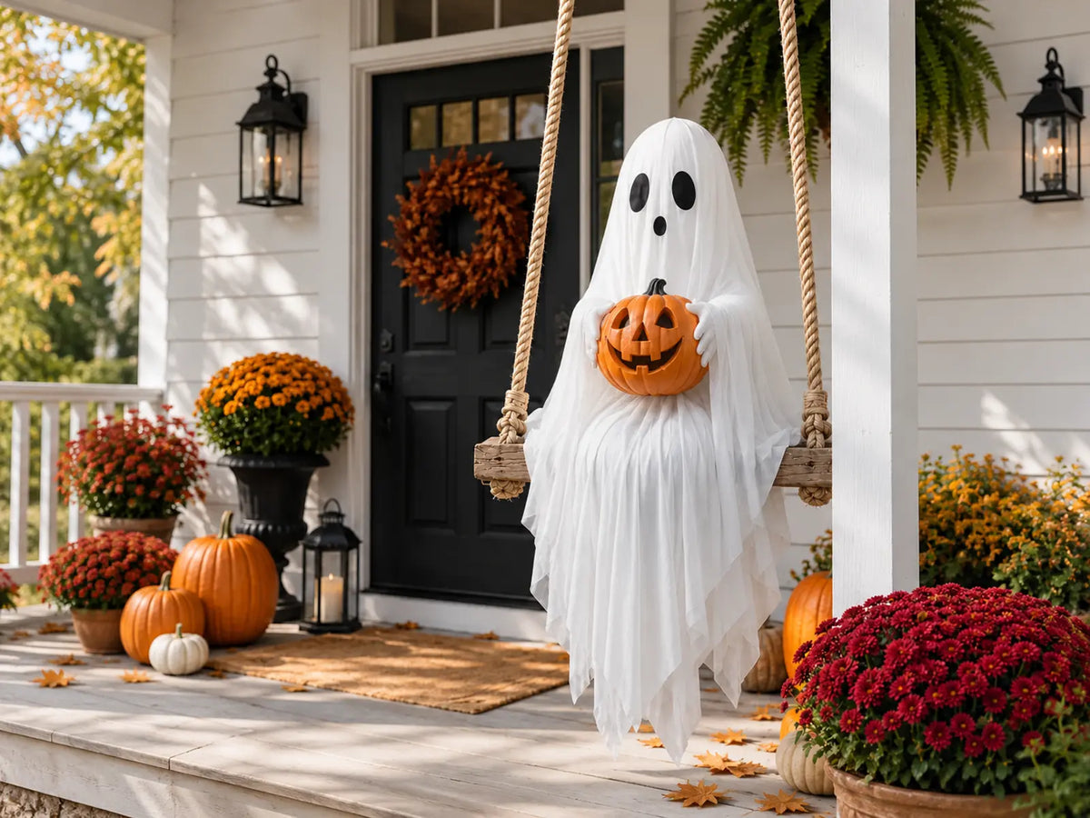 Lighted ghost swing holding a pumpkin on a Halloween front porch, with the full decoration visible in a landscape composition.