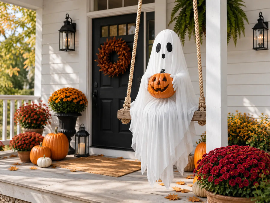 Lighted ghost swing holding a pumpkin on a Halloween front porch, with the full decoration visible in a landscape composition.