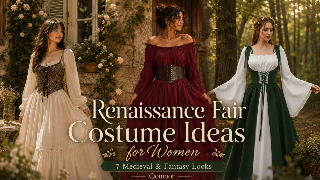 Three women wearing burgundy, ivory and green Renaissance fair costumes in cottage and woodland settings