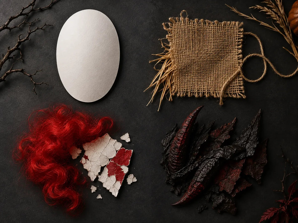 Conceptual flat lay of four original scary Halloween mask styles