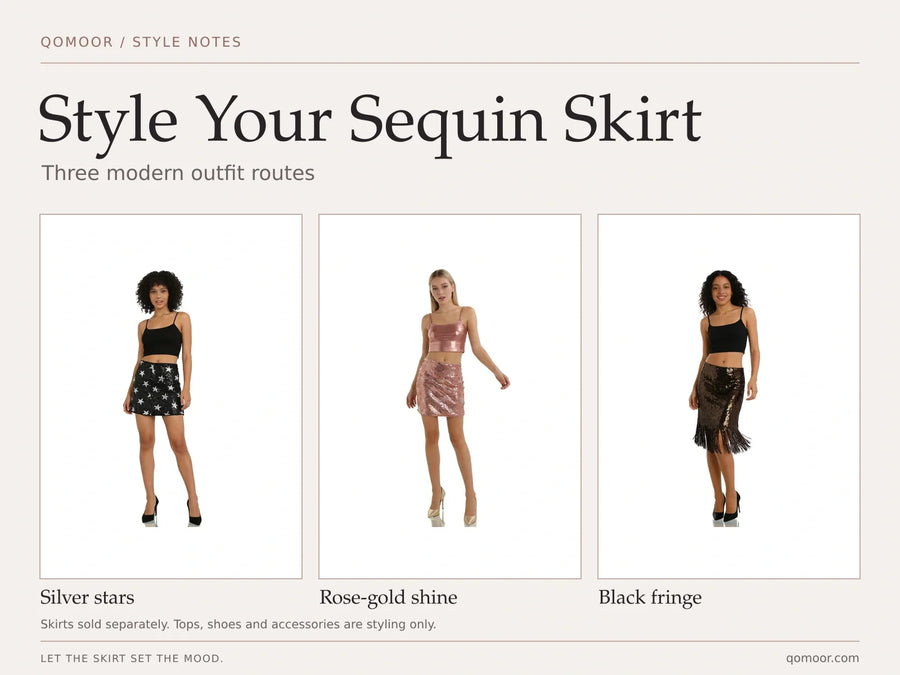 Style Your Sequin Skirt cover comparing a silver-star mini, rose-gold mini and black fringe skirt; tops, shoes and accessories are styling only.