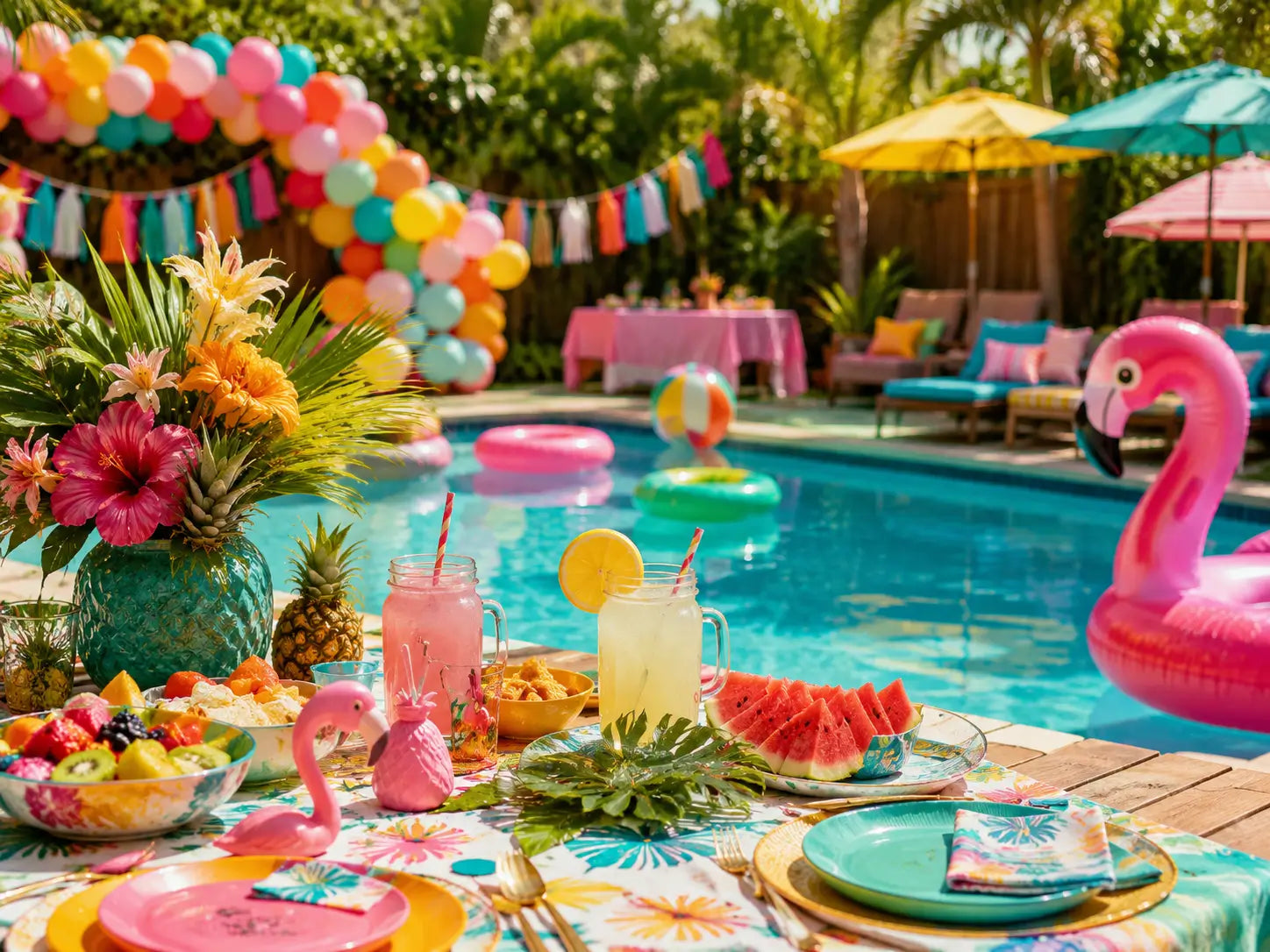 Colorful summer pool party setup with tropical decorations, balloons, tableware, and pool floats