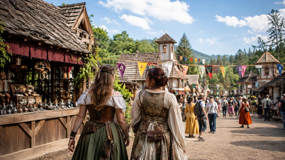 Renaissance faire visitors in medieval costumes at an outdoor US festival