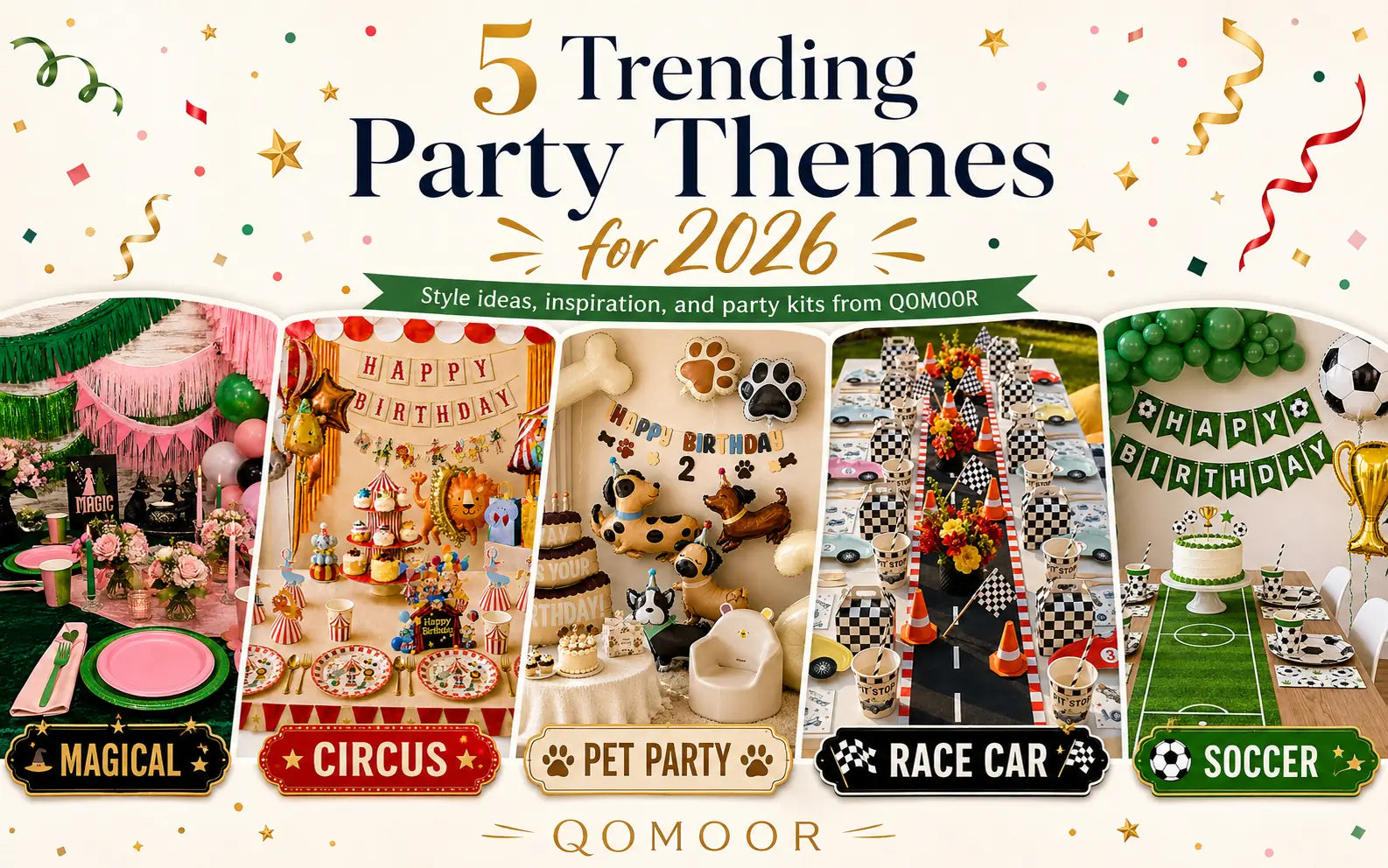Five trending party themes for 2026 including witch, circus, pet, race car and soccer party decorations