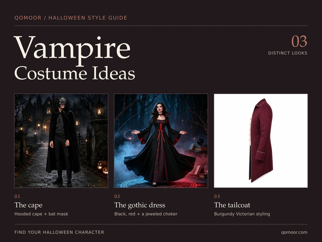 Vampire Costume Ideas cover showing a black hooded cape and bat mask, black and red gothic dress, and burgundy Victorian tailcoat.