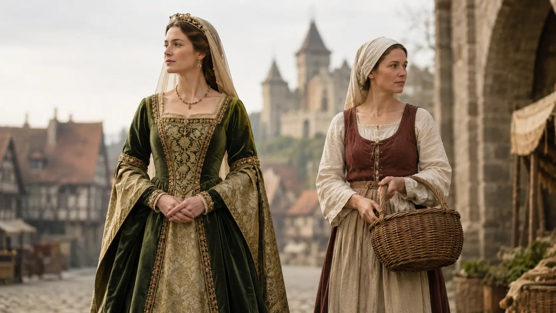 Medieval noblewoman and working woman wearing contrasting clothing on a medieval town street