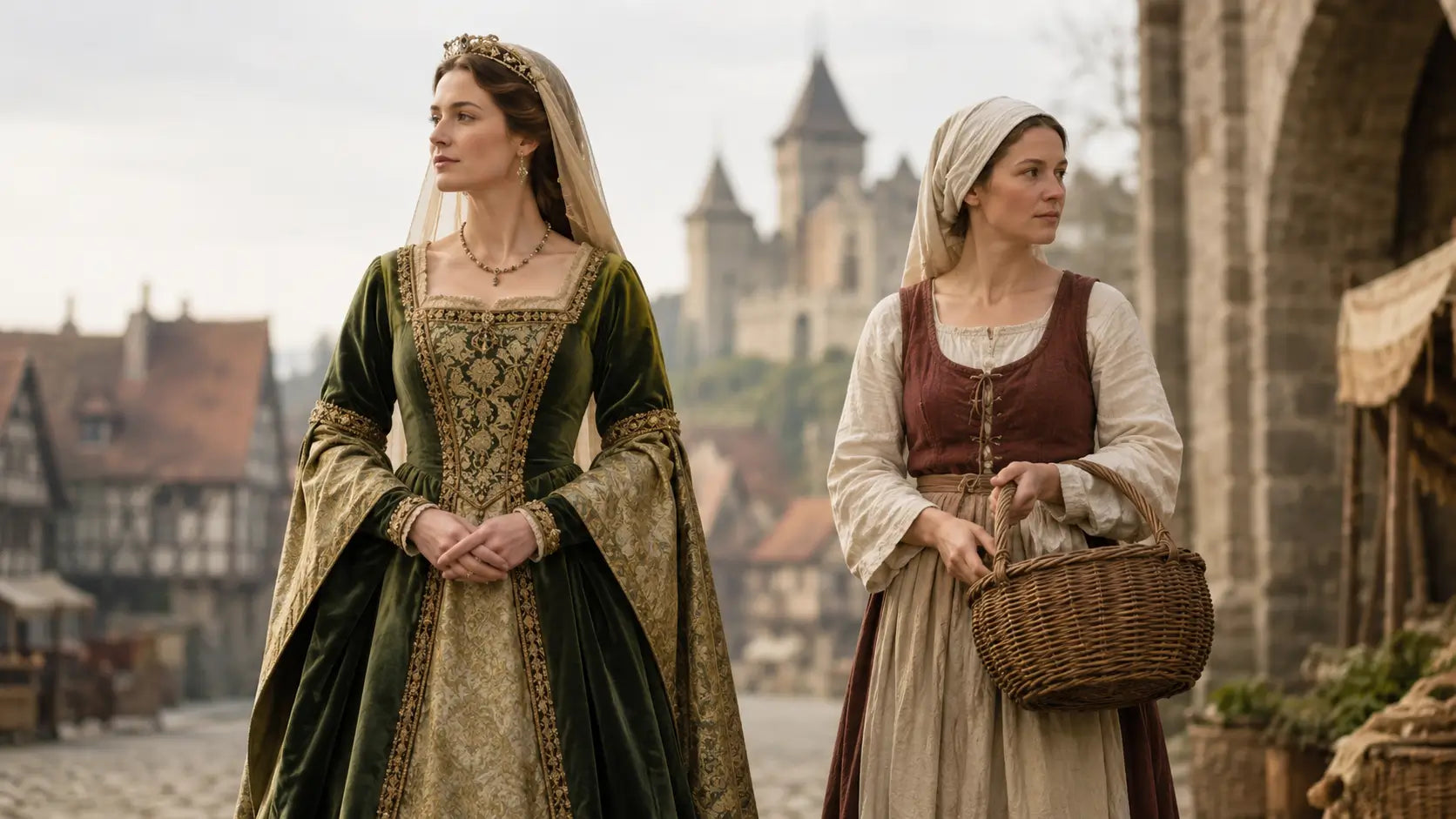 Medieval noblewoman and working woman wearing contrasting clothing on a medieval town street