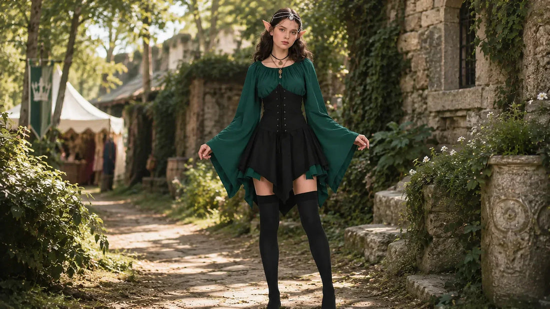 Woman in a green forest elf costume walking through a Renaissance fair