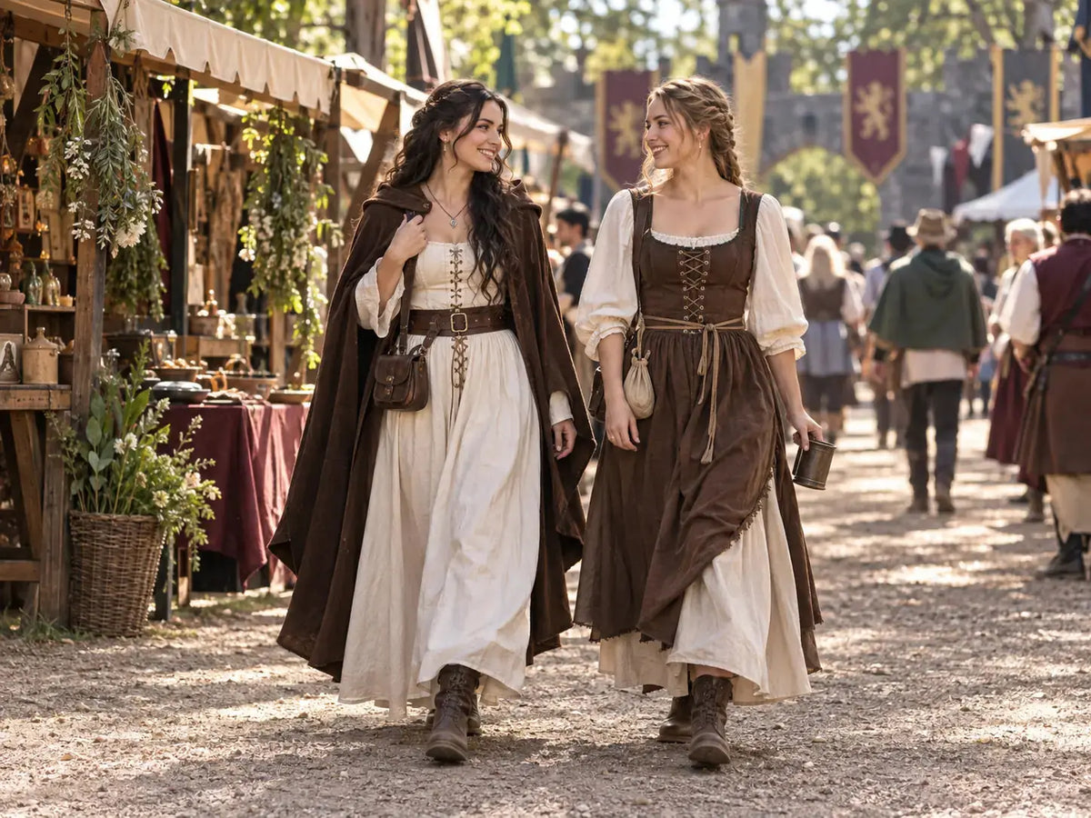 Two women in coordinated Renaissance fair outfits walking through an outdoor marketplace