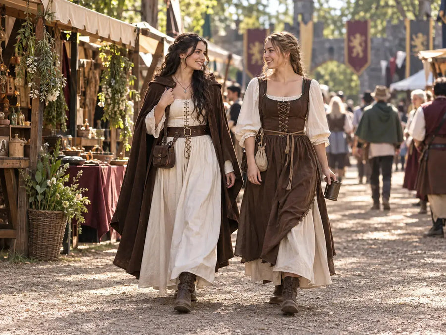 Two women in coordinated Renaissance fair outfits walking through an outdoor marketplace