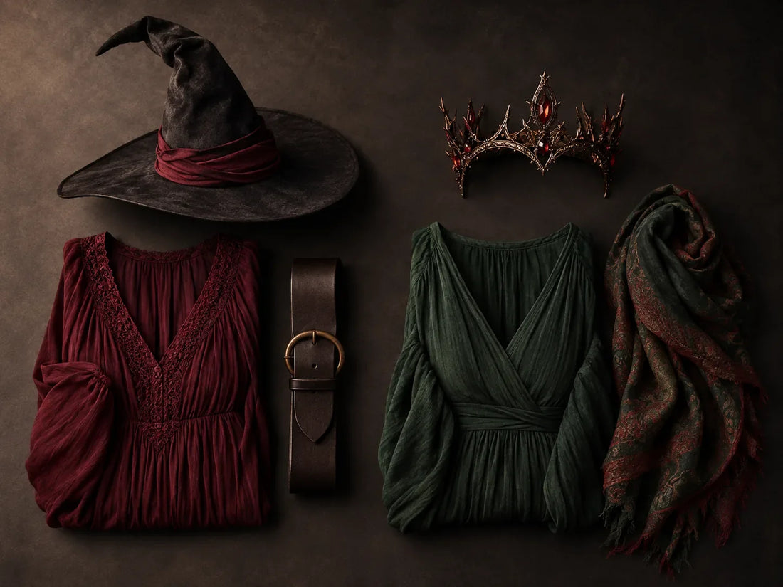 Conceptual flat lay of a three-part adult witch costume