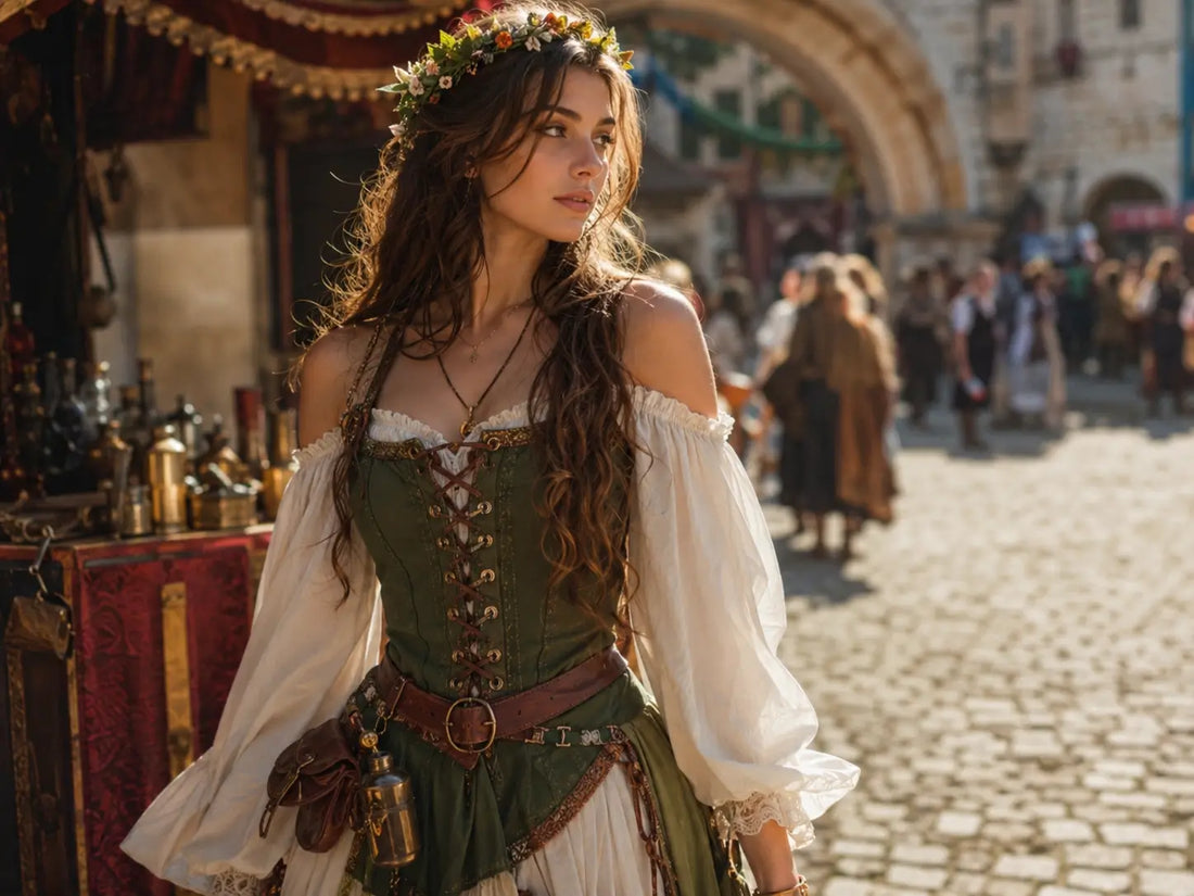 Woman wearing a sage green renaissance dress costume with flower crown and corset belt at a medieval fair