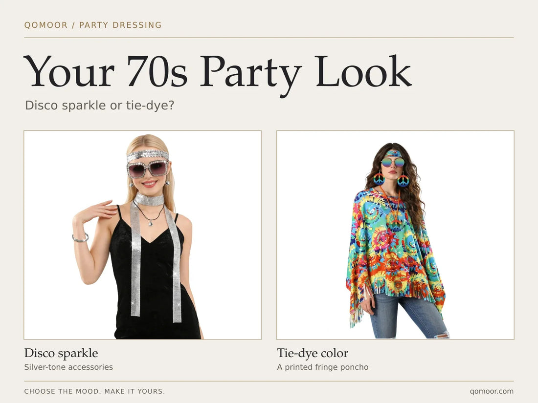 Your 70s Party Look cover comparing silver-tone disco accessories with a colorful tie-dye-print fringed poncho.