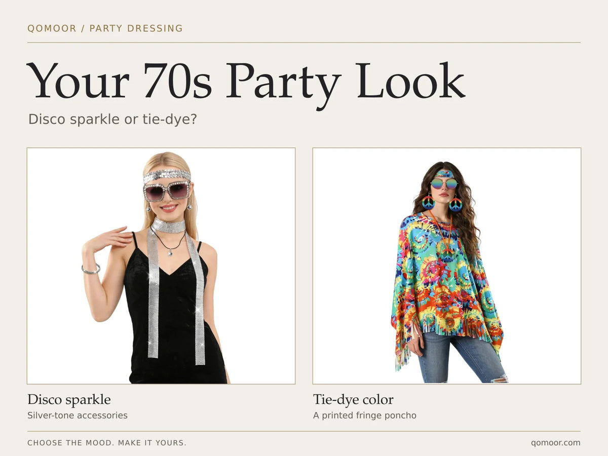 Your 70s Party Look cover comparing silver-tone disco accessories with a colorful tie-dye-print fringed poncho.