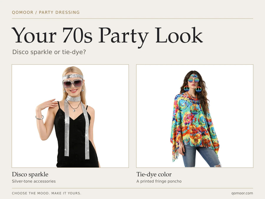 Your 70s Party Look cover comparing silver-tone disco accessories with a colorful tie-dye-print fringed poncho.