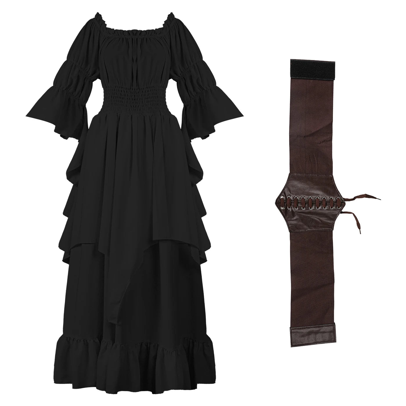 Black women's medieval dress with brown lace-up waist cincher set