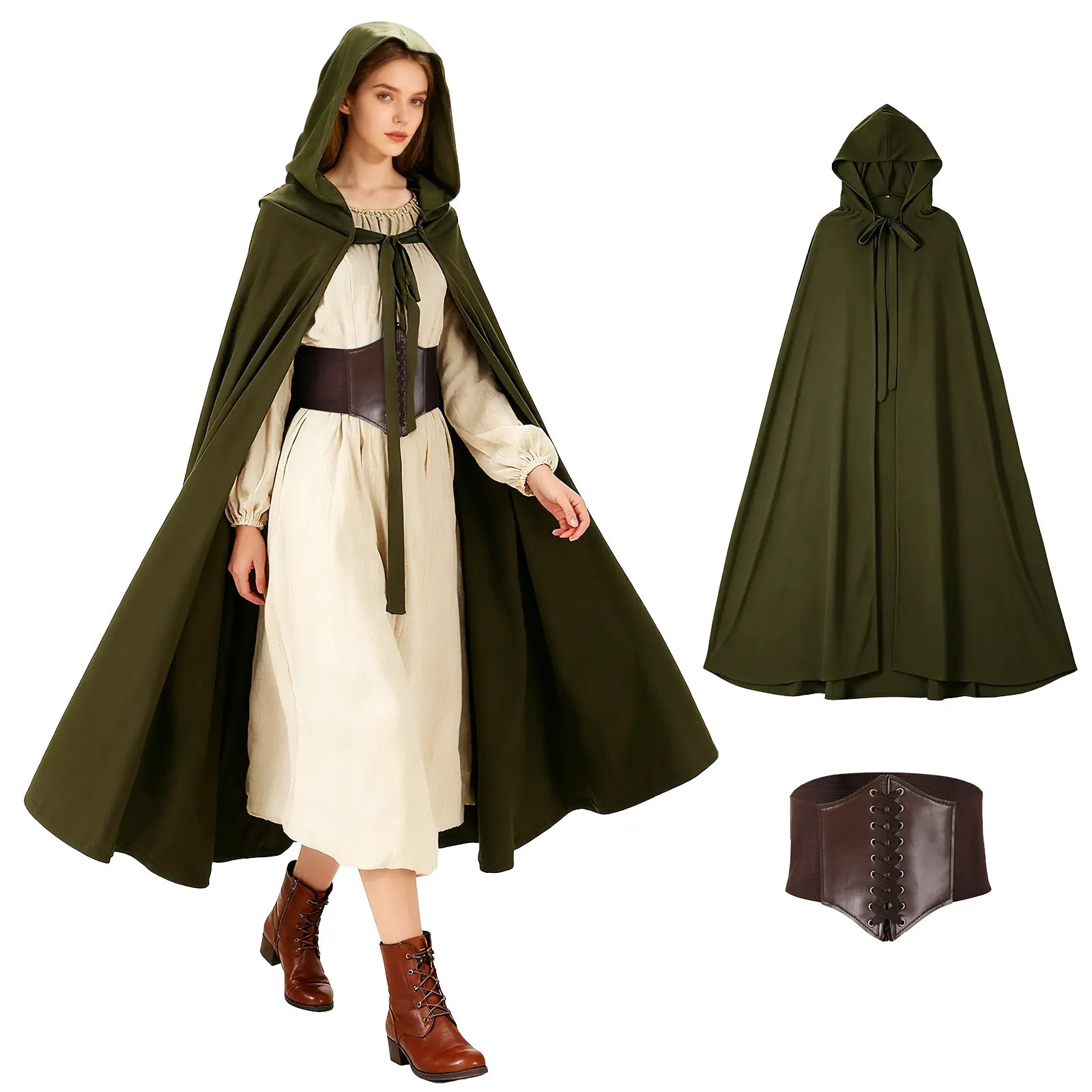 Women's green hooded cloak costume with a brown corset belt, shown as the complete two-piece set