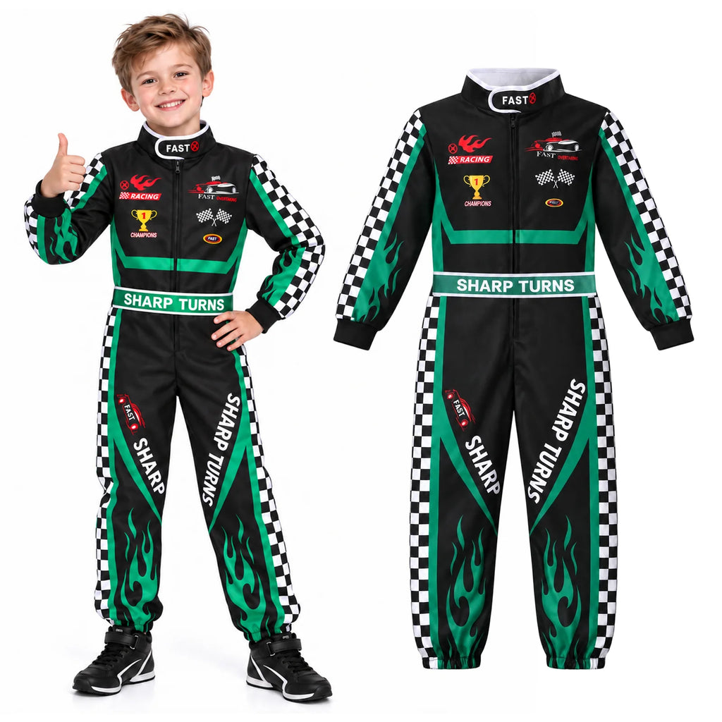 Child wearing a black and green racing jumpsuit beside the separate garment with checkered panels and flame graphics.