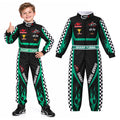 Child wearing a black and green racing jumpsuit beside the separate garment with checkered panels and flame graphics.