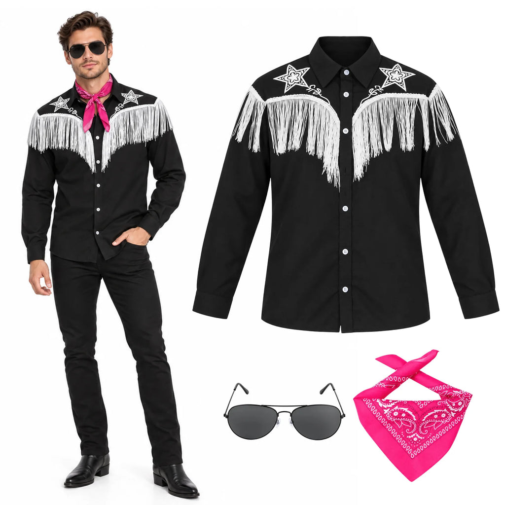 Man wearing a black fringed western shirt beside the shirt pink bandana and black costume sunglasses.