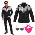 Man wearing a black fringed western shirt beside the shirt pink bandana and black costume sunglasses.