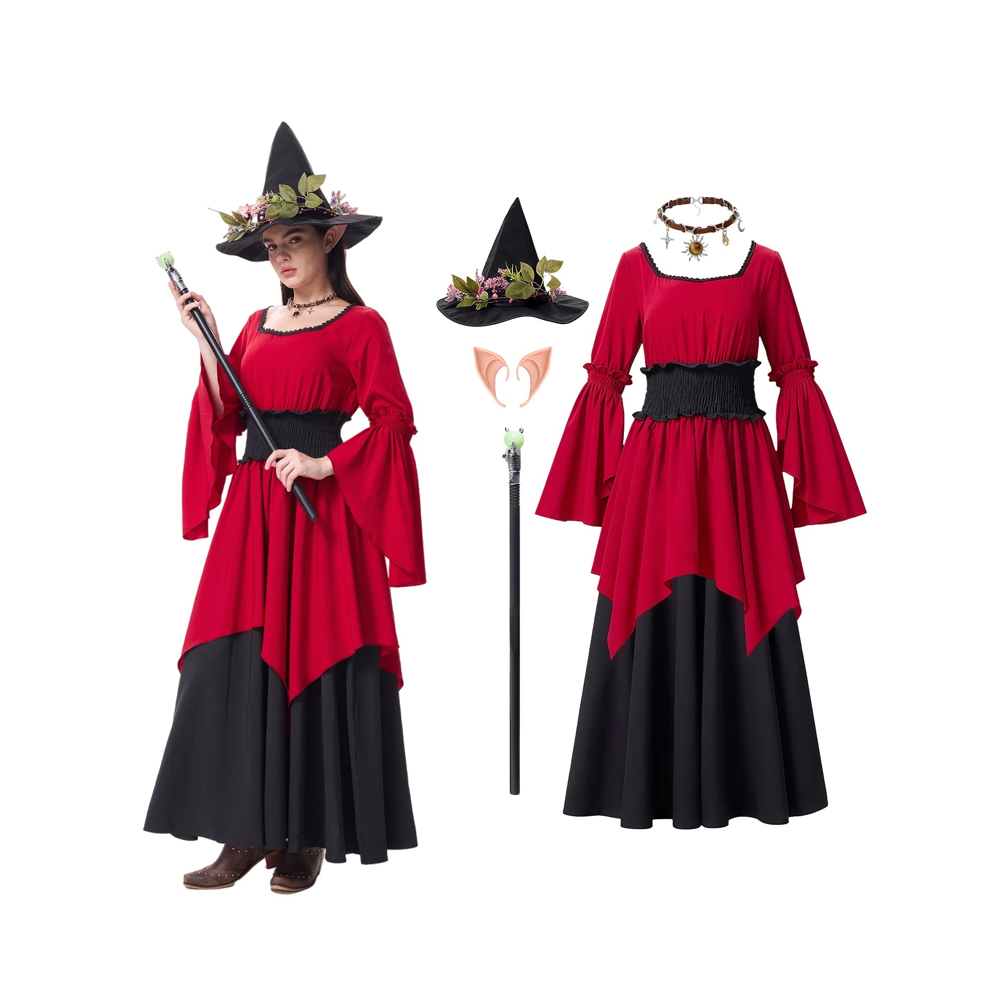 Woman wearing a burgundy and black witch costume with decorated hat, elf ears, necklace and scepter
