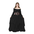 Woman modeling a black Renaissance dress with brown waist cincher