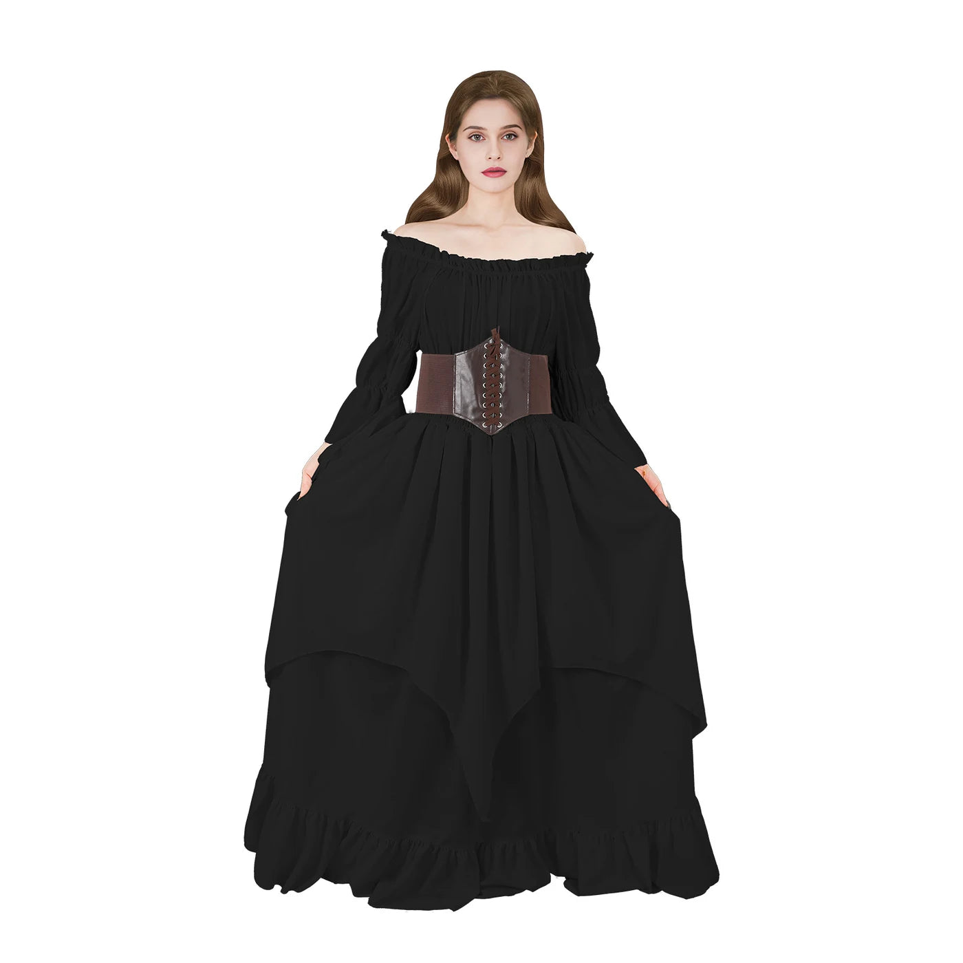 Woman modeling a black Renaissance dress with brown waist cincher