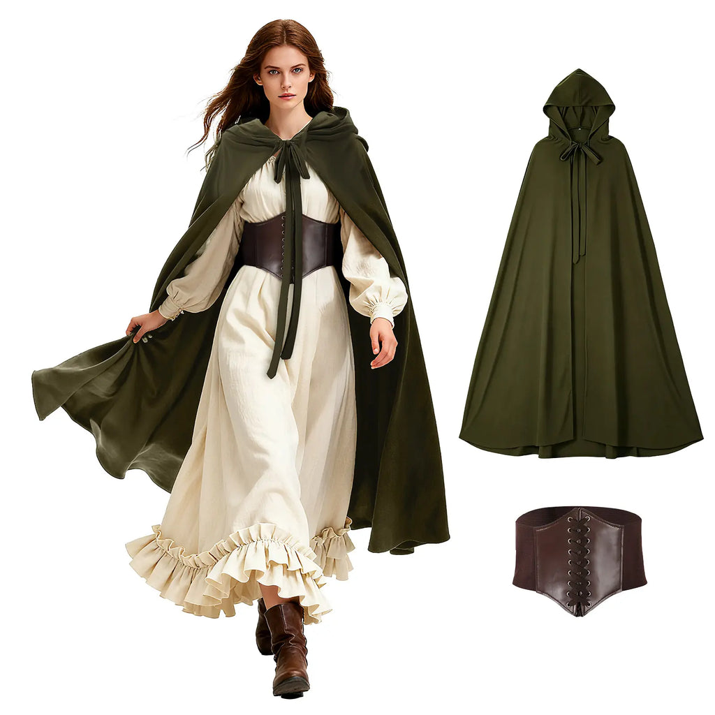 Women's green Renaissance hooded cloak with corset belt in an alternate full-length view