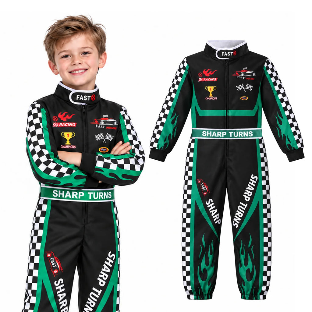Child with crossed arms wearing a black green and white racing jumpsuit beside the separate garment.