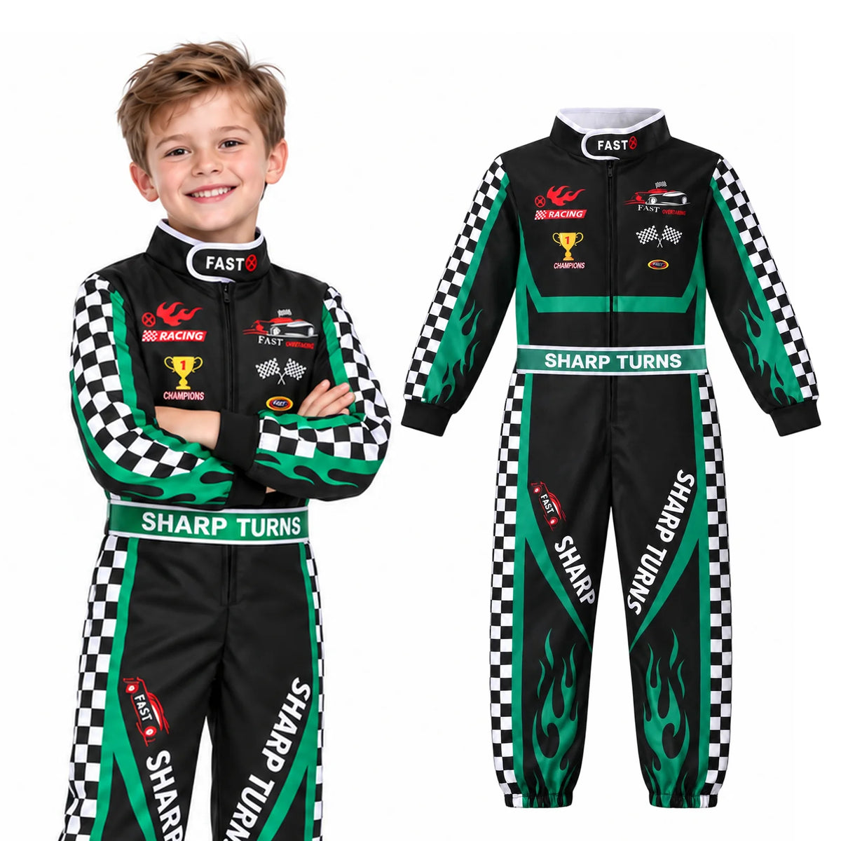 Child with crossed arms wearing a black green and white racing jumpsuit beside the separate garment.