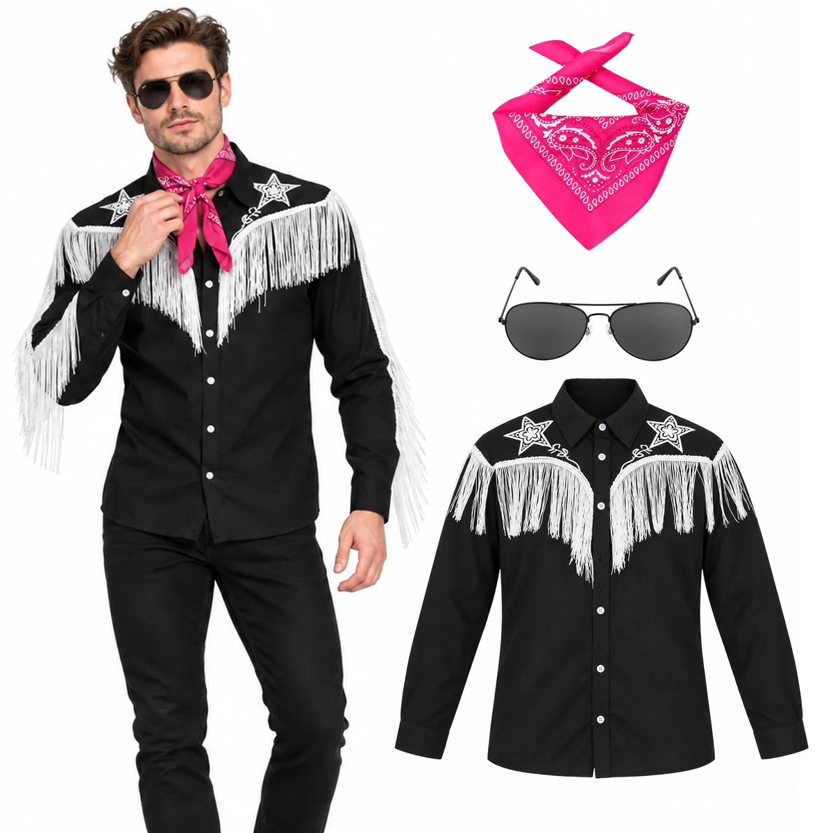 Man wearing a western fringe shirt and pink bandana beside separate shirt bandana and black sunglasses.