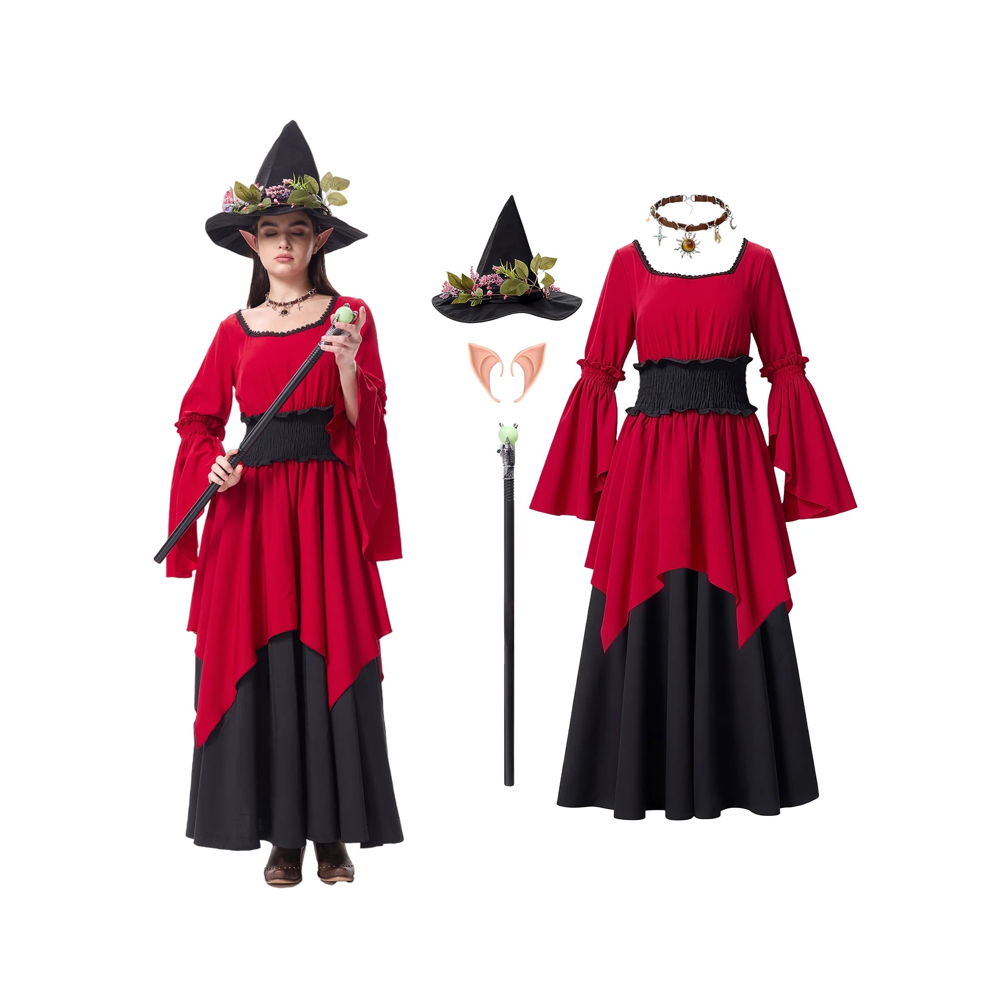 Women's Burgundy Witch Costume 5-Piece Set with Hat & Scepter