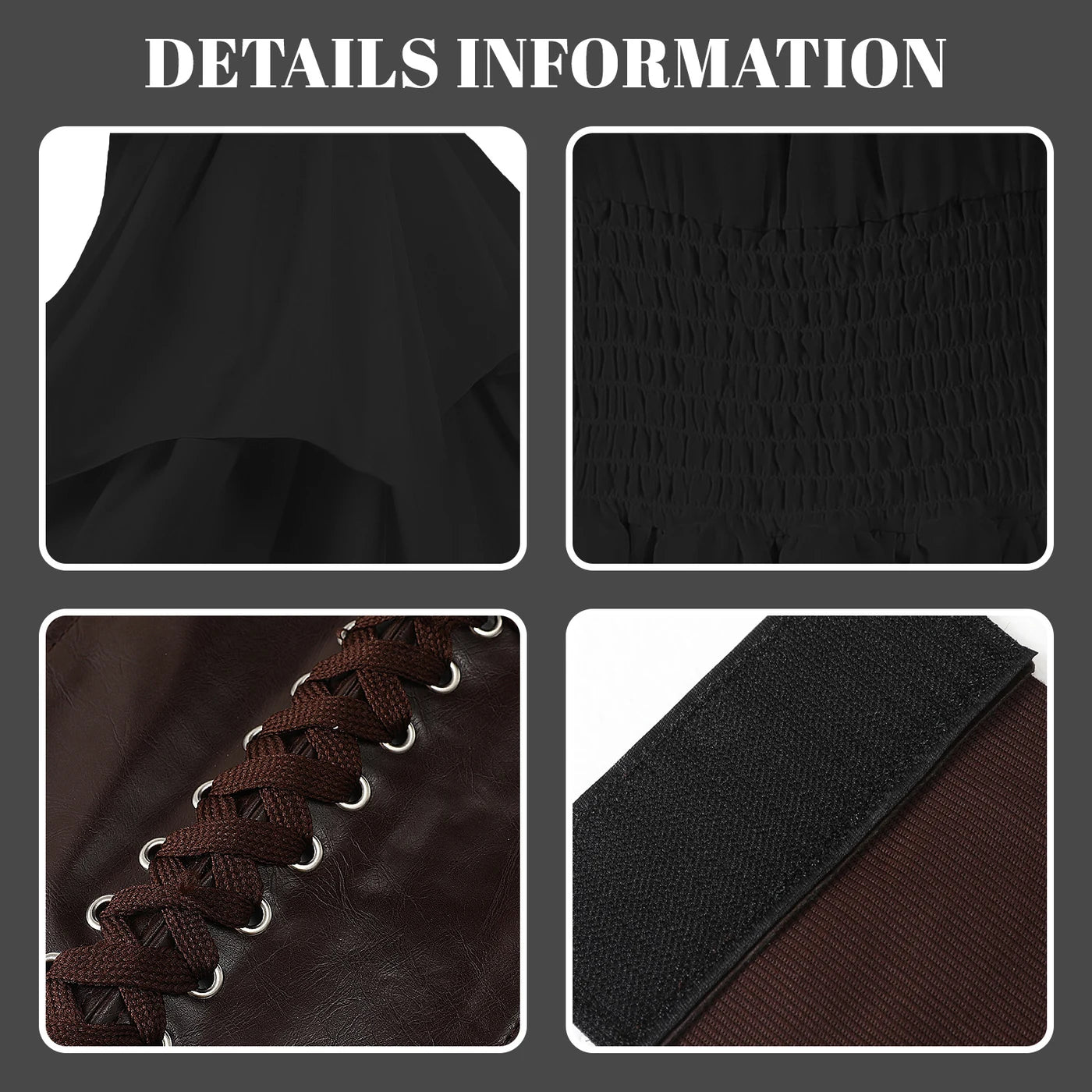 Black medieval dress fabric, smocked waist, lacing and closure details