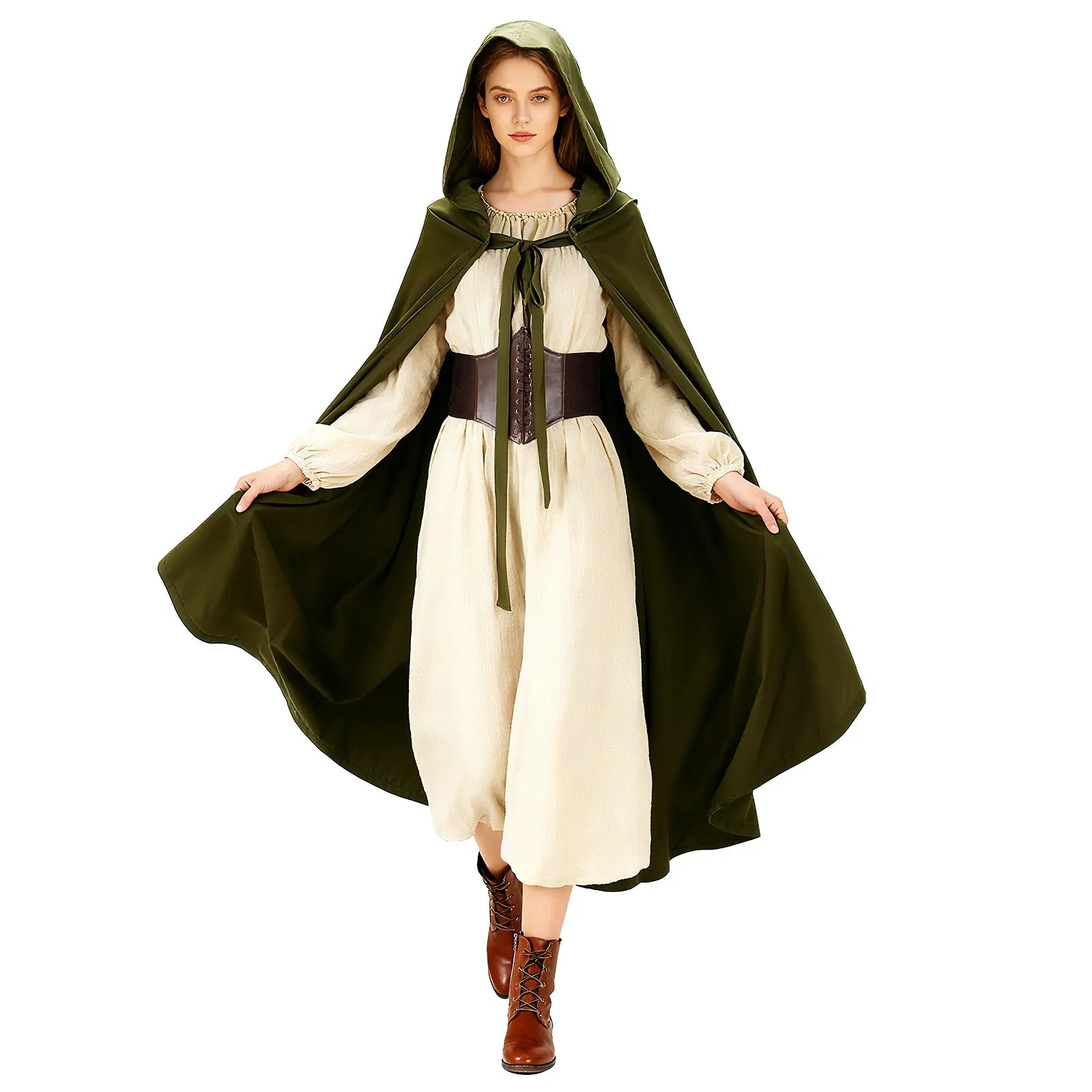 Women's green Renaissance hooded cloak shown from the front