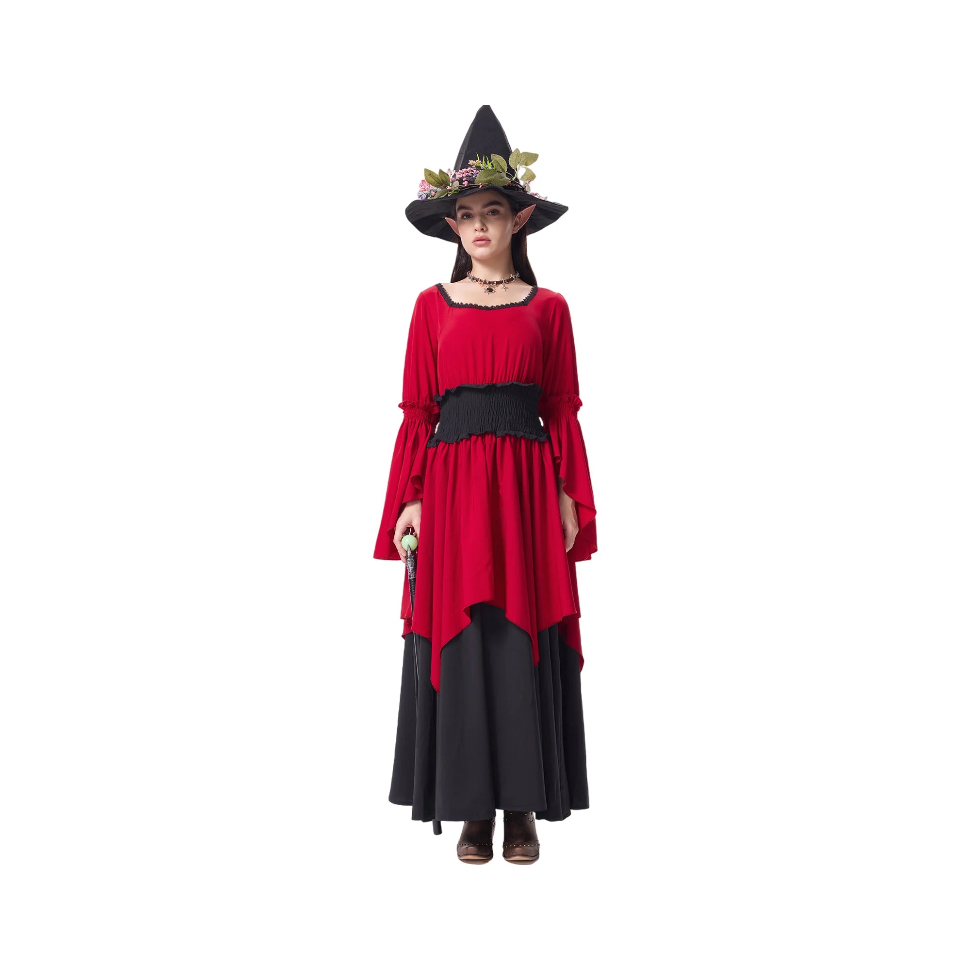 Women's Burgundy Witch Costume 5-Piece Set with Hat & Scepter
